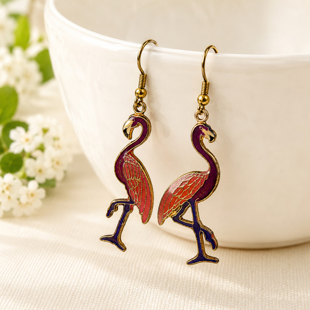 Purple Coral Flamingo Enamel Dangle Drop Earrings Gold Tone Tropical Bird